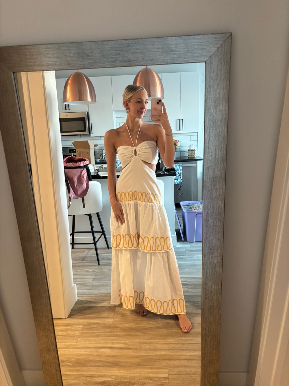 White Halter Maxi Dress with Yellow Trim